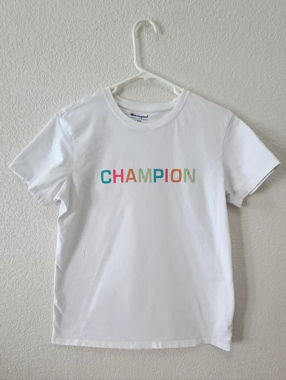 Champion White Tee with Multicolor Lettering